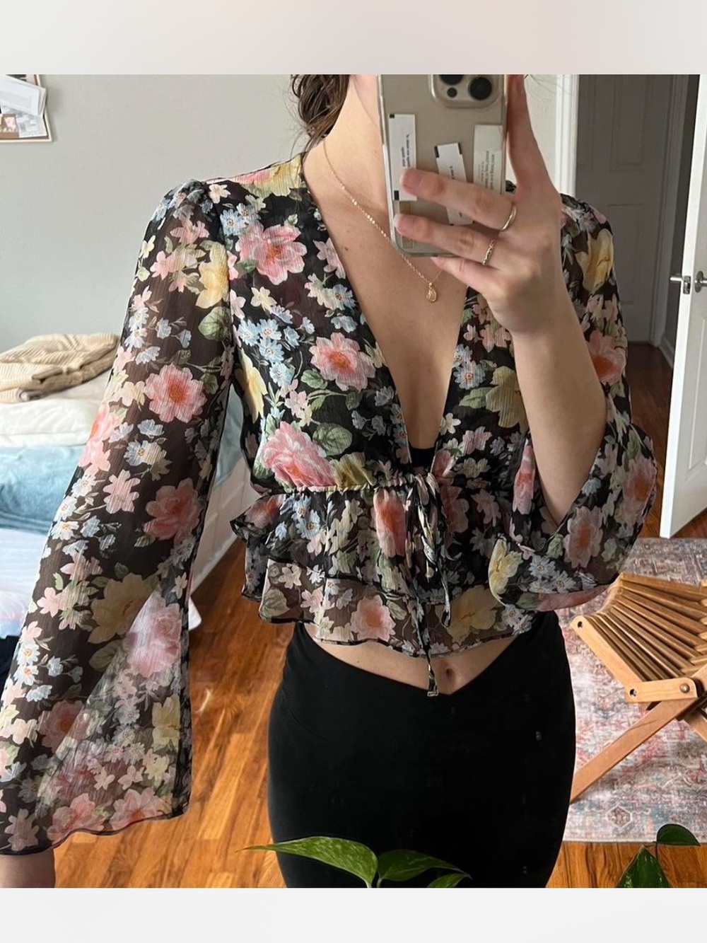 Forever 21 Flowy Black Floral Sheer Bell Sleeve Front Tie Top- Size Medium
